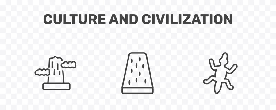 culture and civilization icon set with pico cao, turron, gecko top view shape signs in flat outline style