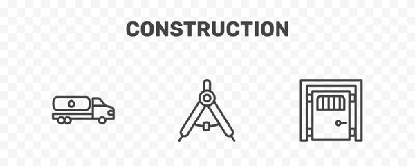Fototapeta premium construction icon set with fuel truck, drawing compass, big door signs in flat outline style