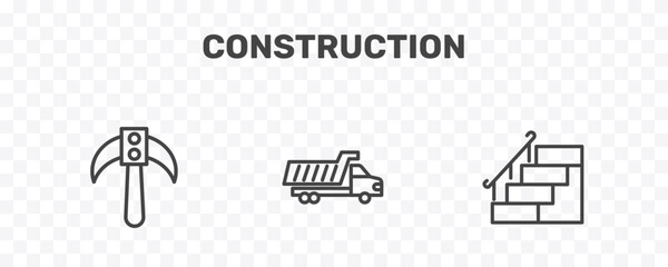 Fototapeta premium construction icon set with inclined picker, , stairs with handle signs in flat outline style