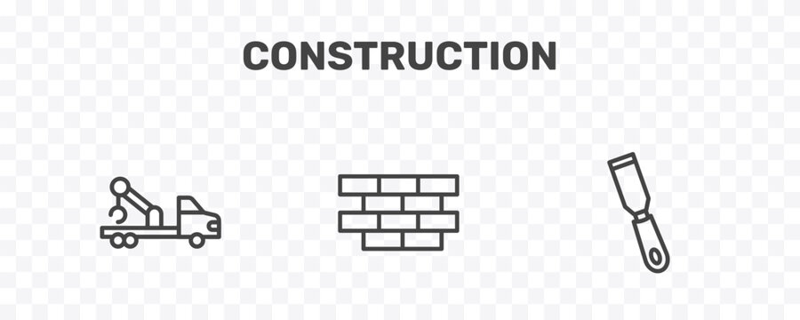 construction icon set with crane truck, brickwall, signs in flat outline style