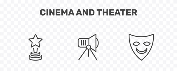 Fototapeta premium cinema and theater icon set with star movie award, cinema light source, smile mask signs in flat outline style