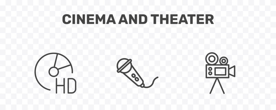 cinema and theater icon set with hd dvd, movie microphone, movie camera signs in flat outline style