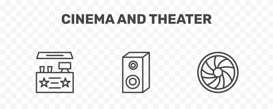 cinema and theater icon set with cinema snack bar, loud woofer box, camera lens signs in flat outline style