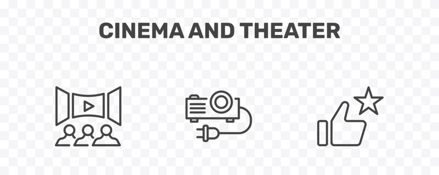 cinema and theater icon set with movie theatre, projector with plug, thumb up with star signs in flat outline style