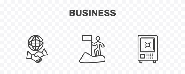 Fototapeta premium business icon set with partners in business, man success, big safe signs in flat outline style