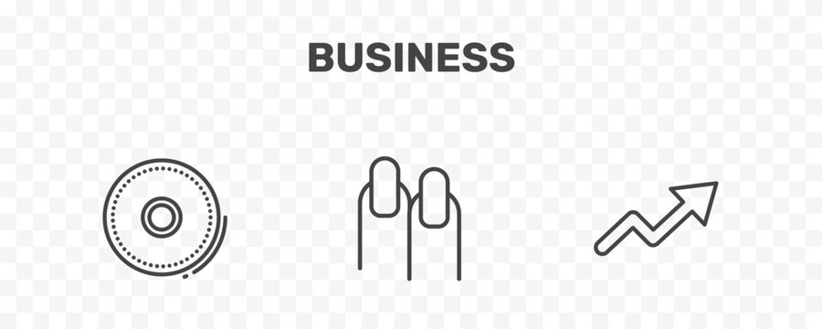 business icon set with full circle, nails, graphic arrow signs in flat outline style