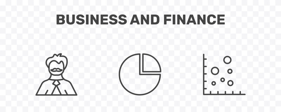 business and finance icon set with man with moustach, infographic elements, scatter chart signs in flat outline style