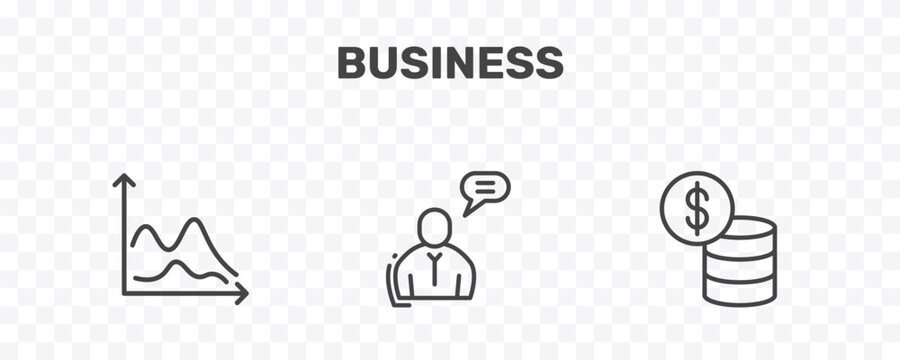 business icon set with wave chart, man talking, dollar coins stack signs in flat outline style