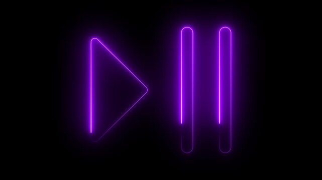 Purple neon glowing play and pause media control on black background