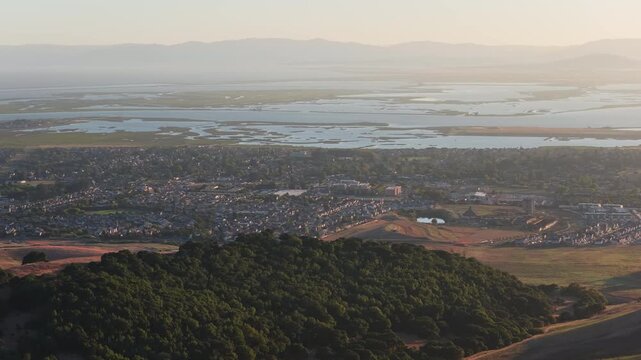 Sunset Telephoto Over Oak Hilltop Toward Town, Wetlands and San Pablo Bay, CA