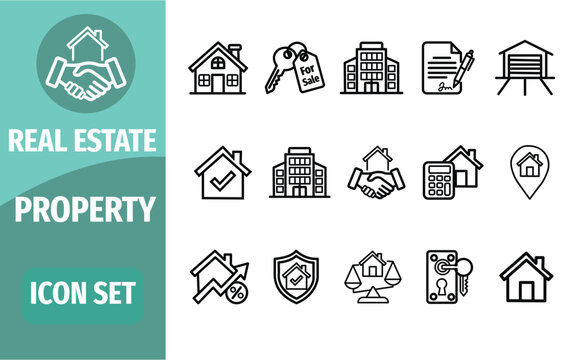 Real estate property icon set, thin line style, vector illustration of residential and commercial buildings, mortgage, sale, rent, contract, and home insurance symbols