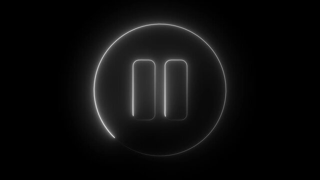 Neon glowing pause button with circular loading progress animation on black background, light