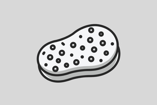 Minimalist flat vector illustration of a textured grey washing or bath sponge with black outline on a grey background.