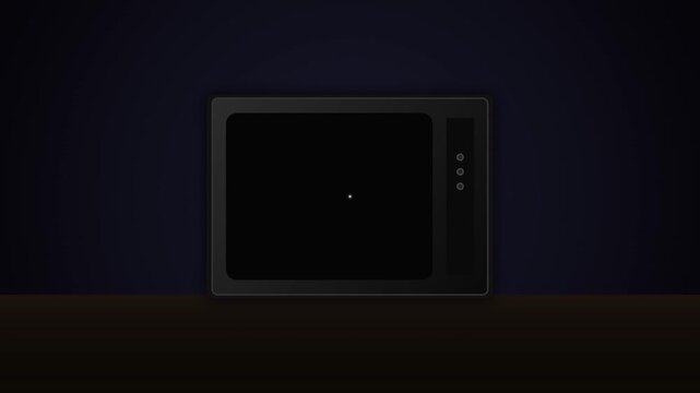 Retro television showing colorful test pattern signal in dark room