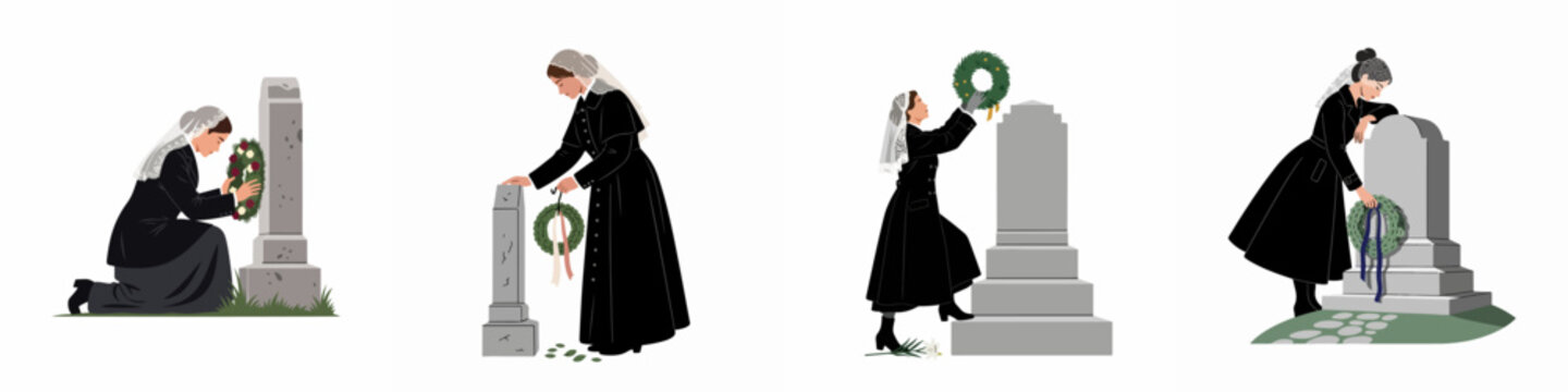 Collection of illustrations depicting a Victorian widow in black mourning clothes placing wreaths on gravestones in a cemetery, expressing grief and remembrance.