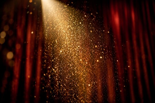 Spotlight on golden glitter falling against blurred stage curtains.