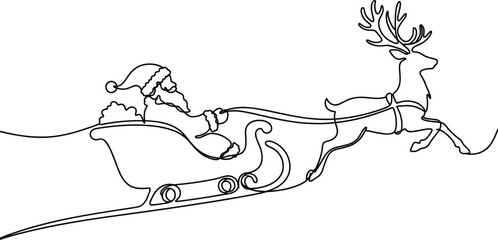 Santa Claus riding sleigh with flying reindeer continuous line art drawing with single line minimalist Christmas holiday design element. © EDEN QUEEN