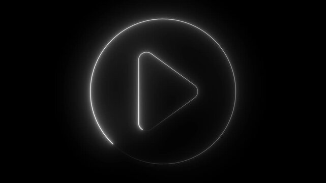 Glowing neon play button animation, minimalist white circular loading progress loop on black background