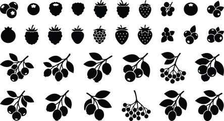Naklejka premium Collection of black silhouette of various berries and fruits on a white background, berry blueberry