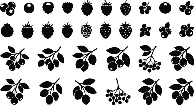 Collection of black silhouette of various berries and fruits on a white background, berry blueberry