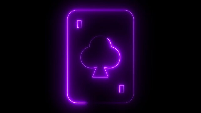 Neon glowing ace of clubs playing card animation, purple light casino symbol, gambling concept background