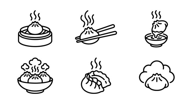 Steaming Dumpling Icons Set, Asian Food Vector Graphics, Dim Sum Illustrations