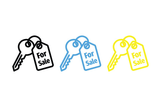 Set of three keys with for sale tags in black, blue, and yellow colors