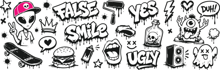 Set of graffiti street art elements, including an alien, skull, burger, skateboard, speech bubbles, and text, isolated on white background. © Zbrake Studio
