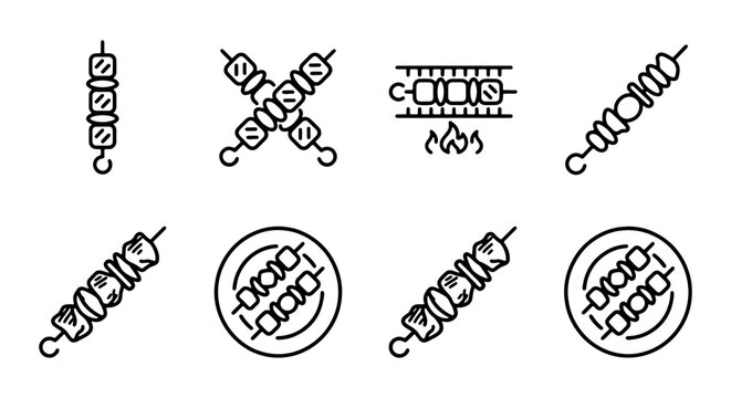 Kebab Skewers Icons, Meat Grilling Vector Set, Barbecue Food Graphics