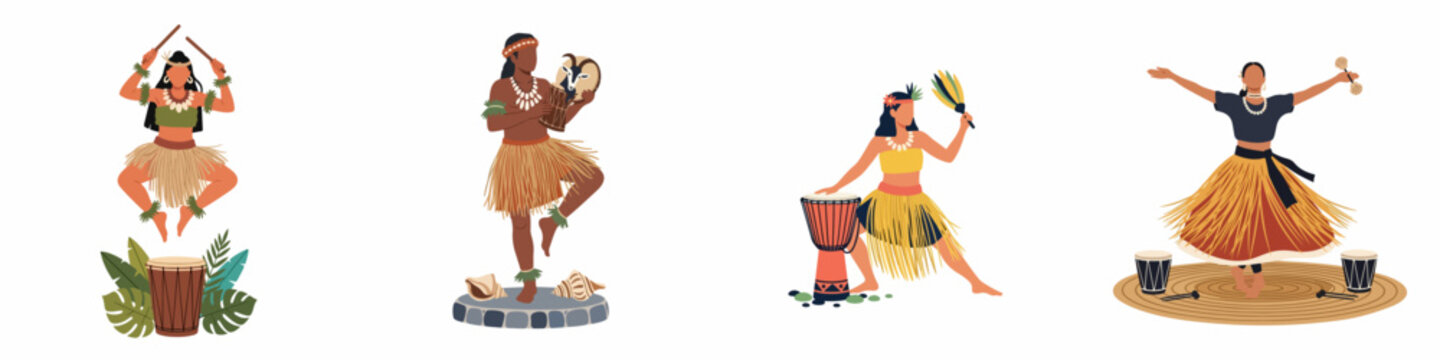 Collection of indigenous tribal dancers and musicians performing with traditional drums and instruments in flat vector illustration style.
