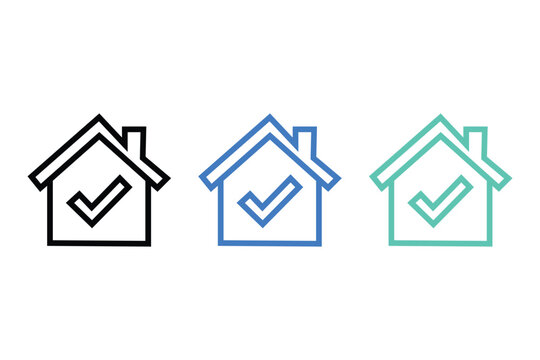 Set of three house icons with check marks in black, blue, and green colors, representing home inspection, real estate approval, or property verification