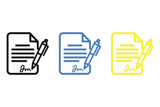Set of document icons with pen, contract signing, paper sheet with signature and writing utensil, business agreement, vector illustration