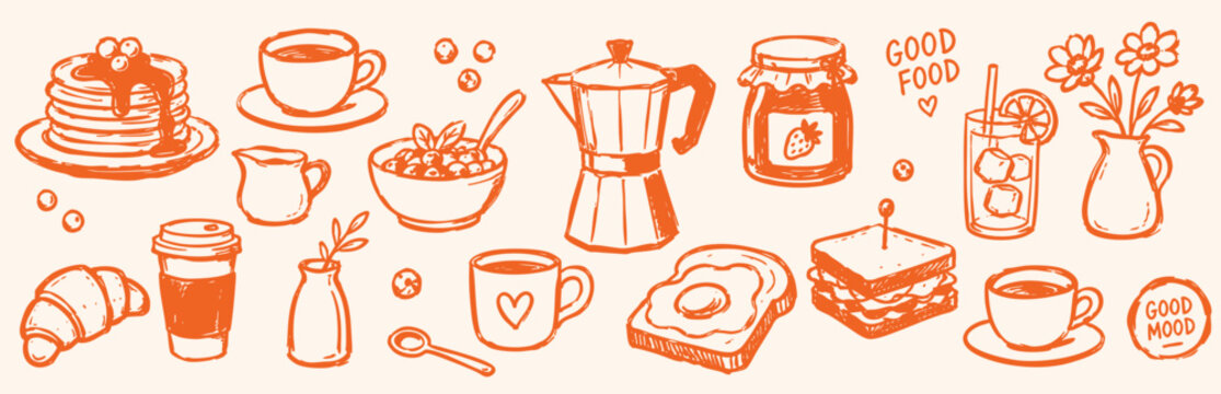 A collection of hand drawn breakfast elements featuring coffee, pancakes, and various food icons in a minimalist style.