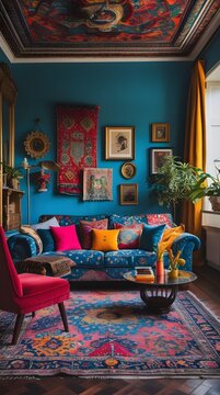 Vibrant maximalist living room interior with colorful abstract wall art, bold furniture, patterned d&eacute;cor, luxury home design, eclectic contemporary style, artistic space