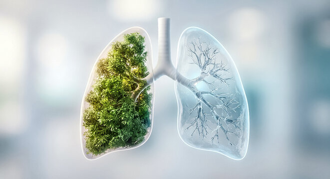 Human lungs conceptual illustration featuring a vibrant green leafy tree structure inside one side and an empty skeletal branch system inside the other side representing respiratory health and environ
