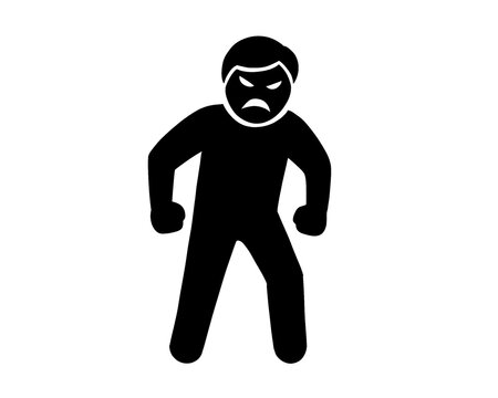 Angry person silhouette with both fists tightly clenched, standing in a powerful and confrontational pose, isolated black vector on white background.
