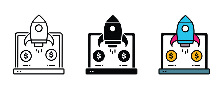 Business startup and website optimization vector illustration. Rocket launching from a laptop computer screen. Business professional presents a startup plan.