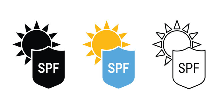 SPF Protection, Sun Protection Factor Levels in Icon Set, Sunscreen Shield Icons. 