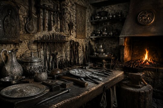 Interior corner of an ancient silversmith workshop with tools on walls.
