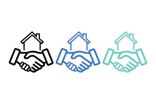 Real estate deal icon, handshake with house symbol, property purchase agreement, home sale concept, vector illustration