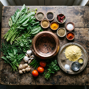 Fresh herbs and spices garlic tomatoes and ground corn flour for traditional sindhi saag and roti preparation on rustic wooden table