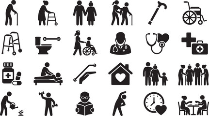 Obraz premium a professional vector silhouette icon set featuring 24 elderly care, senior lifestyle, and aging-related icons