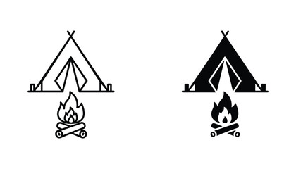 Camping tent and bonfire vector icon isolated on white Black and white outline line art and solid glyph silhouette © VisionGrafix