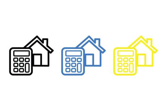 Set of three house and calculator icons in black, blue and yellow colors, vector illustration representing real estate finance and mortgage calculation