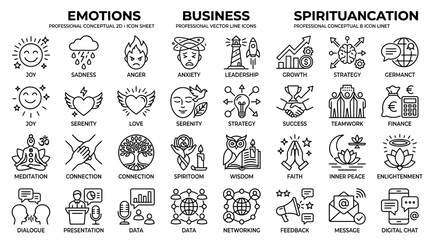 Fototapeta premium Business, Emotions, Spirituality Icons: Vector Set for Concepts