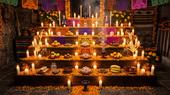 D&iacute;a de los Muertos altar with orange marigold patterns, white candles glowing warm, clay incense burner, food offerings, no people
