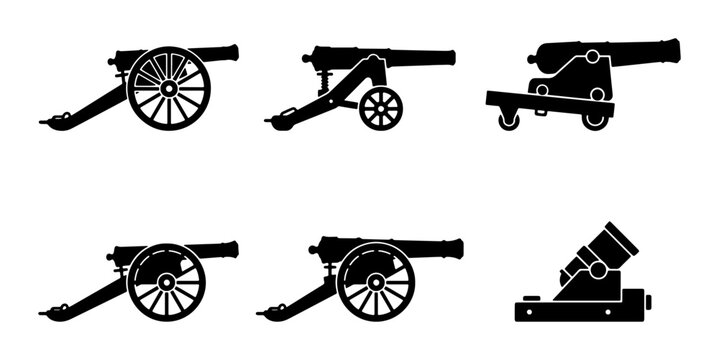 Vintage Cannon Icons, Artillery Vector Set, Military Weapon Collection