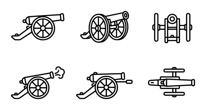Cannon Icons Set, Vintage Artillery Vector Graphics, Historical Weapon Illustrations