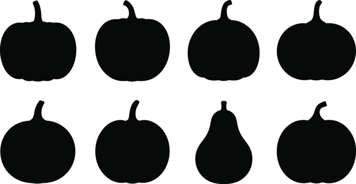 Eight black silhouettes of pumpkins and gourds in different shapes vector illustration