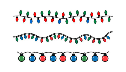 Fototapeta premium Holiday lights illustration collection featuring colorful bulbs, festive string decorations, red green blue designs, and celebration themes